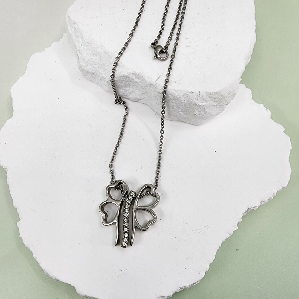 Trinity Cross Butterfly Hearts Rhinestone Pendant Necklace Silver Tone Romantic